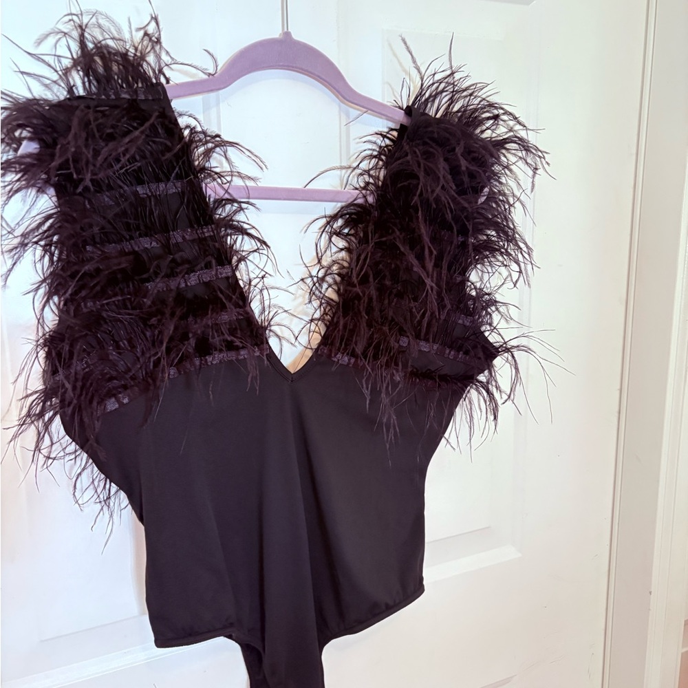 Elegant sexy plunge Black Feathered Bodysuit, runs small